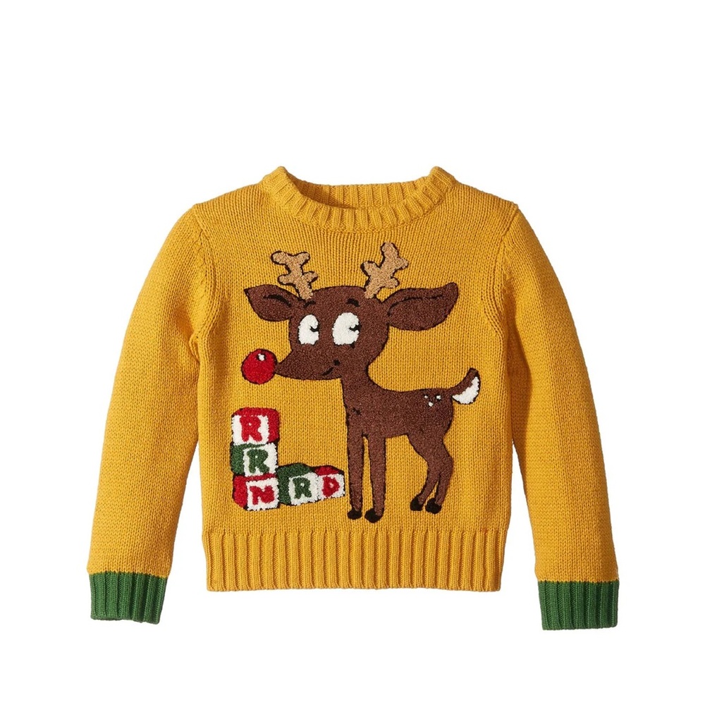 Whoopi Yellow Reindeer Sweater with Green Cuffs‎